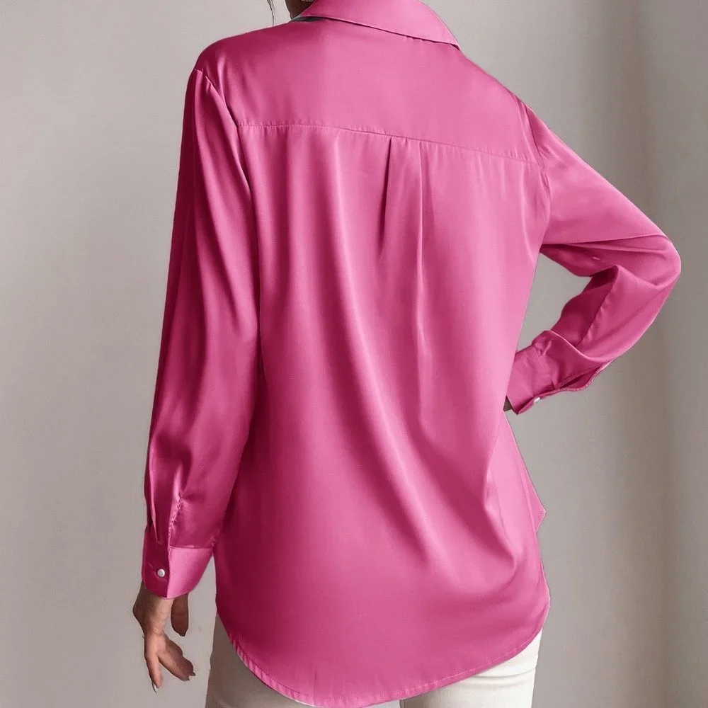 Hot Pink Preppy Womens Button Up Solid Shirt - Picture 4 of 5